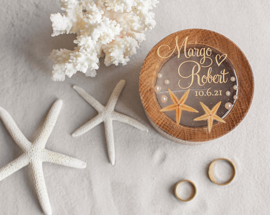 RINGTRÄGERBOXEN & KISSEN Epoxidharz Trauringe Box Strand-Hochzeitsringträger, handgemachte Hochzeitsringbox • Echte Seestern-Ringträgerbox • luxuriöse Holzringbox
