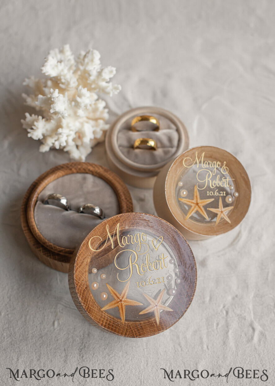 RINGTRÄGERBOXEN & KISSEN Epoxidharz Trauringe Box Strand-Hochzeitsringträger, handgemachte Hochzeitsringbox • Echte Seestern-Ringträgerbox • luxuriöse Holzringbox