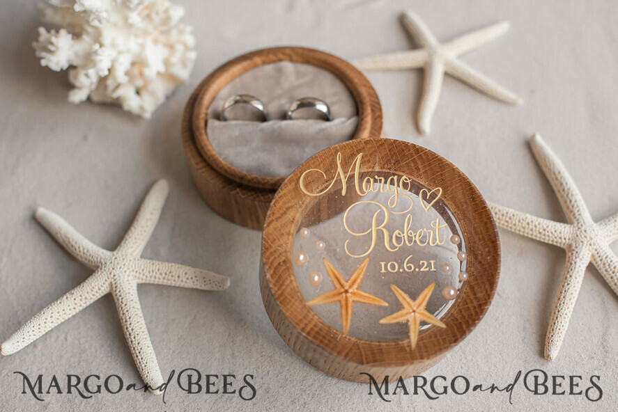 RINGTRÄGERBOXEN & KISSEN Epoxidharz Trauringe Box Strand-Hochzeitsringträger, handgemachte Hochzeitsringbox • Echte Seestern-Ringträgerbox • luxuriöse Holzringbox