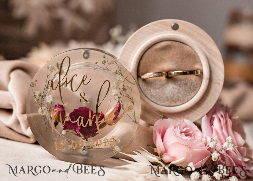 RINGTRÄGERBOXEN & KISSEN Epoxidharz Trauringe Box Epoxidharz- und Holzhochzeitsringbox für die Zeremonie, Boho-Epoxid-Hochzeitsringboxen für ihn und sie, transparente Epoxid-Doppelt-Ringbox für die Hochzeit, Holzharzblumen-Heiratsantragsringbox.