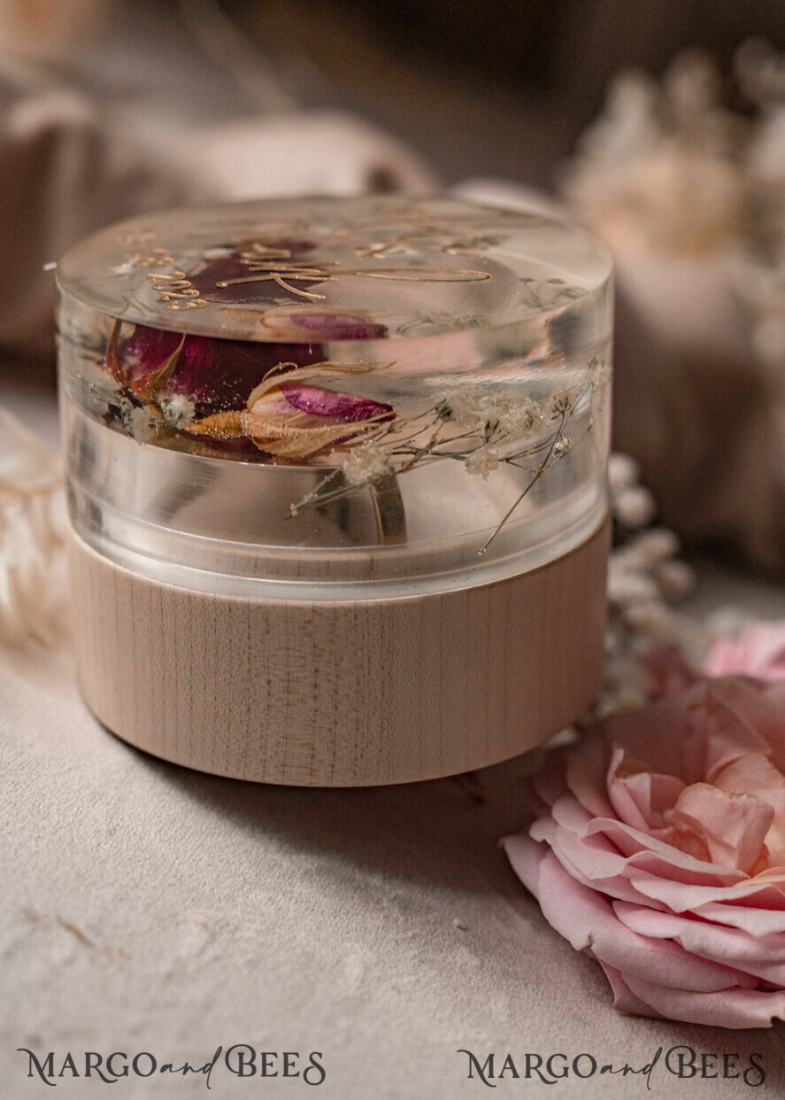 RINGTRÄGERBOXEN & KISSEN Epoxidharz Trauringe Box Epoxidharz- und Holzhochzeitsringbox für die Zeremonie, Boho-Epoxid-Hochzeitsringboxen für ihn und sie, transparente Epoxid-Doppelt-Ringbox für die Hochzeit, Holzharzblumen-Heiratsantragsringbox.