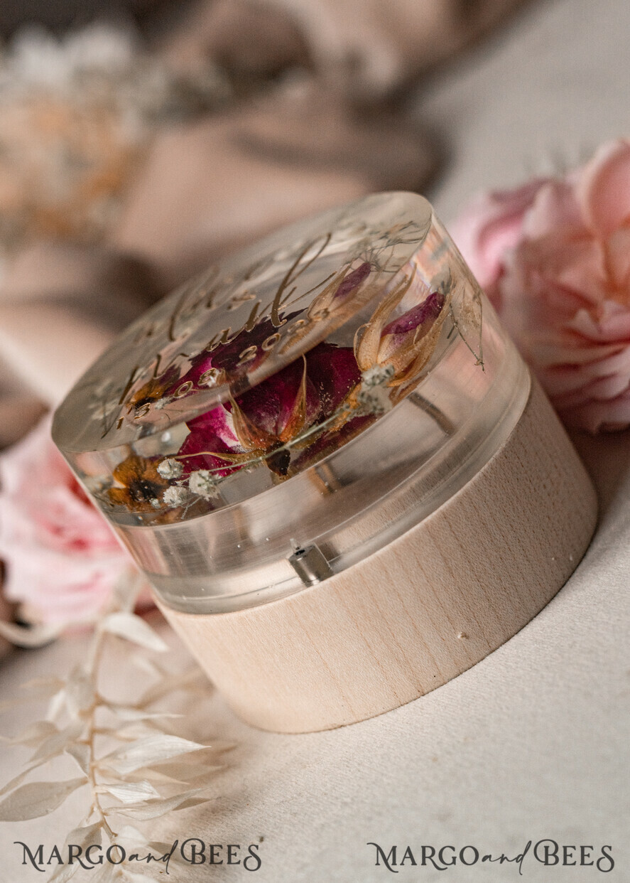 RINGTRÄGERBOXEN & KISSEN Epoxidharz Trauringe Box Epoxidharz- und Holzhochzeitsringbox für die Zeremonie, Boho-Epoxid-Hochzeitsringboxen für ihn und sie, transparente Epoxid-Doppelt-Ringbox für die Hochzeit, Holzharzblumen-Heiratsantragsringbox.