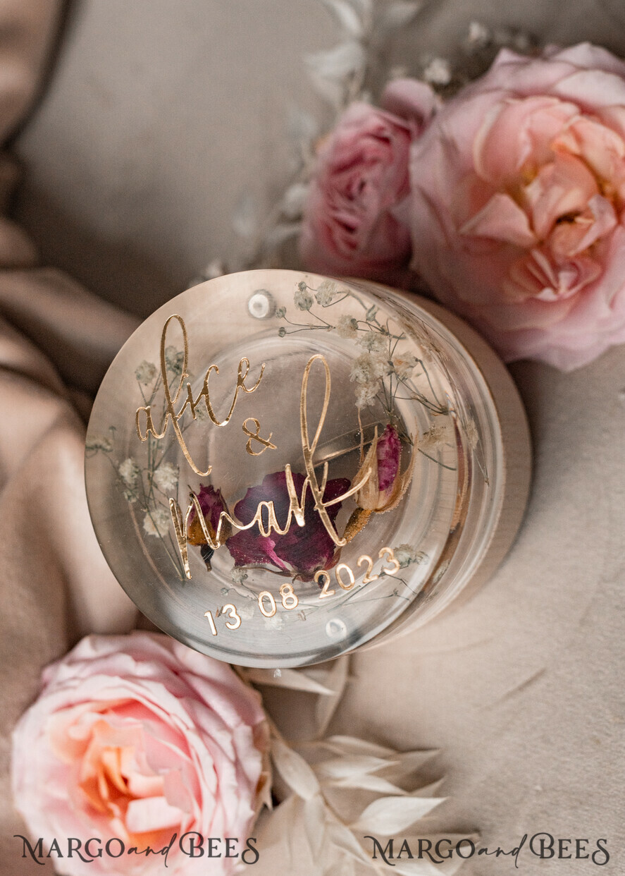 RINGTRÄGERBOXEN & KISSEN Epoxidharz Trauringe Box Epoxidharz- und Holzhochzeitsringbox für die Zeremonie, Boho-Epoxid-Hochzeitsringboxen für ihn und sie, transparente Epoxid-Doppelt-Ringbox für die Hochzeit, Holzharzblumen-Heiratsantragsringbox.