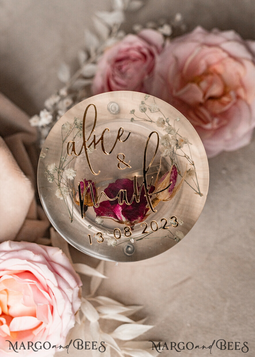 RINGTRÄGERBOXEN & KISSEN Epoxidharz Trauringe Box Epoxidharz- und Holzhochzeitsringbox für die Zeremonie, Boho-Epoxid-Hochzeitsringboxen für ihn und sie, transparente Epoxid-Doppelt-Ringbox für die Hochzeit, Holzharzblumen-Heiratsantragsringbox.