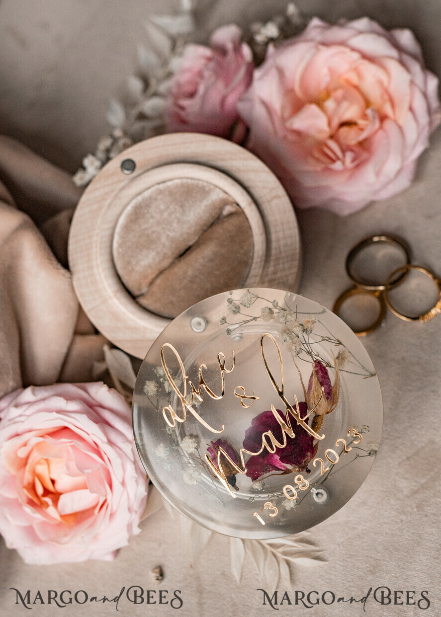 RINGTRÄGERBOXEN & KISSEN Epoxidharz Trauringe Box Epoxidharz- und Holzhochzeitsringbox für die Zeremonie, Boho-Epoxid-Hochzeitsringboxen für ihn und sie, transparente Epoxid-Doppelt-Ringbox für die Hochzeit, Holzharzblumen-Heiratsantragsringbox.