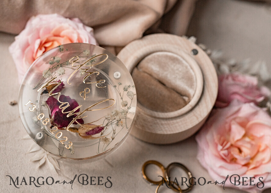 RINGTRÄGERBOXEN & KISSEN Epoxidharz Trauringe Box Epoxidharz- und Holzhochzeitsringbox für die Zeremonie, Boho-Epoxid-Hochzeitsringboxen für ihn und sie, transparente Epoxid-Doppelt-Ringbox für die Hochzeit, Holzharzblumen-Heiratsantragsringbox.