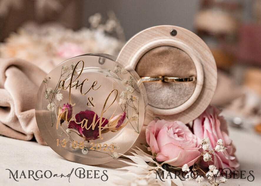 RINGTRÄGERBOXEN & KISSEN Epoxidharz Trauringe Box Epoxidharz- und Holzhochzeitsringbox für die Zeremonie, Boho-Epoxid-Hochzeitsringboxen für ihn und sie, transparente Epoxid-Doppelt-Ringbox für die Hochzeit, Holzharzblumen-Heiratsantragsringbox.