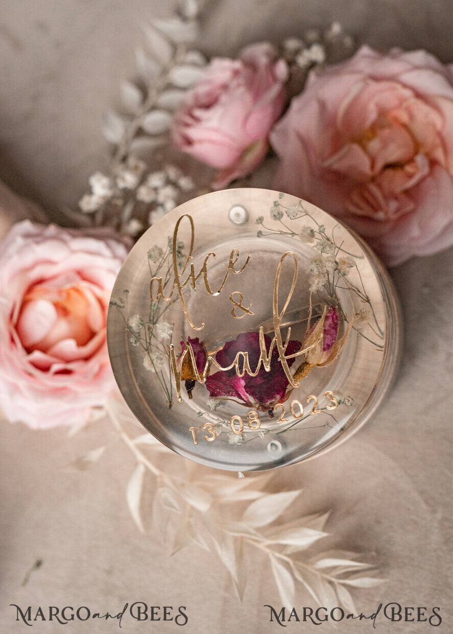 RINGTRÄGERBOXEN & KISSEN Epoxidharz Trauringe Box Epoxidharz- und Holzhochzeitsringbox für die Zeremonie, Boho-Epoxid-Hochzeitsringboxen für ihn und sie, transparente Epoxid-Doppelt-Ringbox für die Hochzeit, Holzharzblumen-Heiratsantragsringbox.