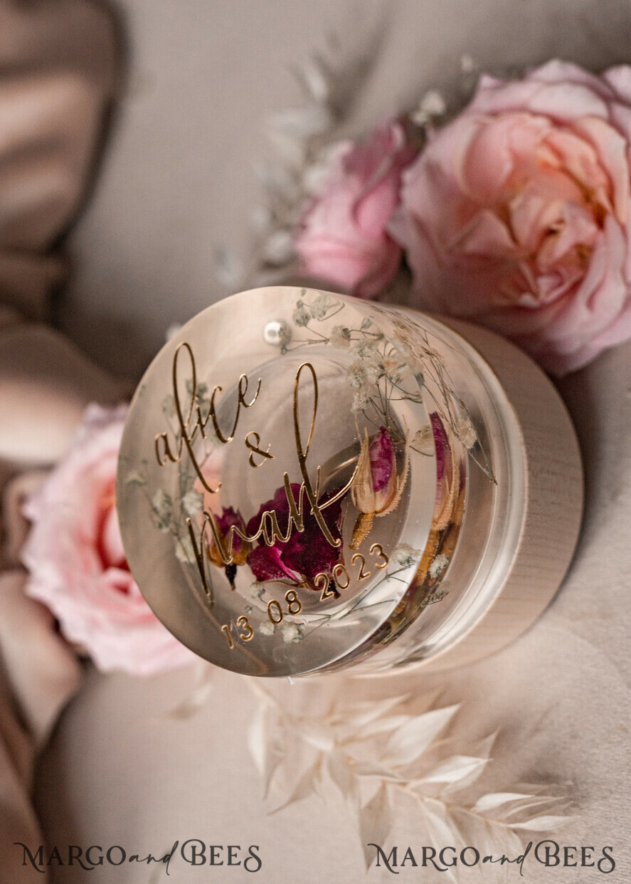 RINGTRÄGERBOXEN & KISSEN Epoxidharz Trauringe Box Epoxidharz- und Holzhochzeitsringbox für die Zeremonie, Boho-Epoxid-Hochzeitsringboxen für ihn und sie, transparente Epoxid-Doppelt-Ringbox für die Hochzeit, Holzharzblumen-Heiratsantragsringbox.