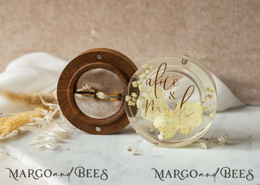 RINGTRÄGERBOXEN & KISSEN Epoxidharz Trauringe Box Epoxidharz- und Holzhochzeitsringbox für die Zeremonie, Boho Epoxid-Hochzeitsringboxen für ihn und sie, transparente Epoxid-Doppelringbox für die Hochzeit, Holzharzblumen Verlobungsringbox.