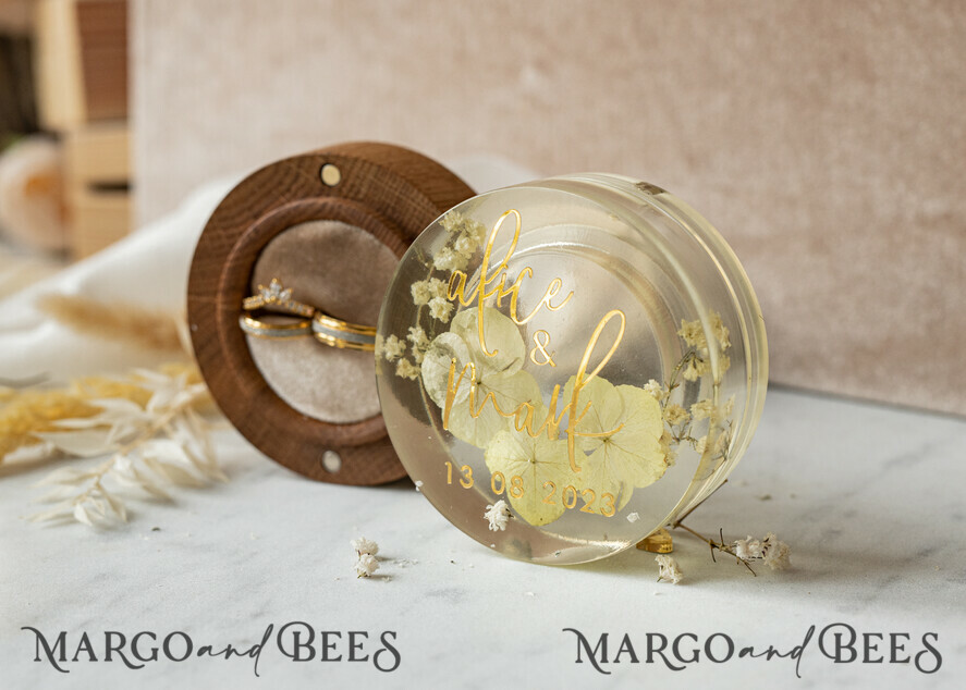 RINGTRÄGERBOXEN & KISSEN Epoxidharz Trauringe Box Epoxidharz- und Holzhochzeitsringbox für die Zeremonie, Boho Epoxid-Hochzeitsringboxen für ihn und sie, transparente Epoxid-Doppelringbox für die Hochzeit, Holzharzblumen Verlobungsringbox.