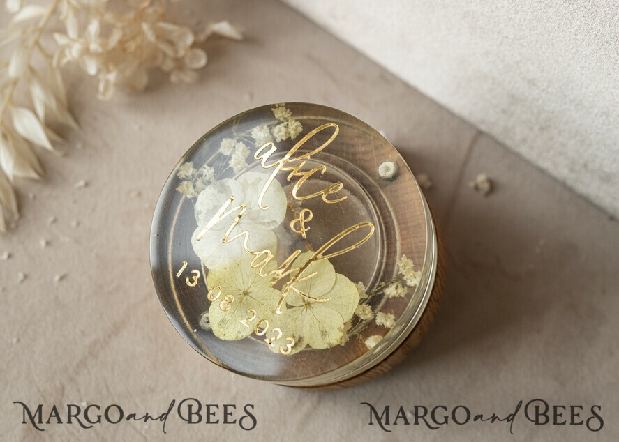 RINGTRÄGERBOXEN & KISSEN Epoxidharz Trauringe Box Epoxidharz- und Holzhochzeitsringbox für die Zeremonie, Boho Epoxid-Hochzeitsringboxen für ihn und sie, transparente Epoxid-Doppelringbox für die Hochzeit, Holzharzblumen Verlobungsringbox.