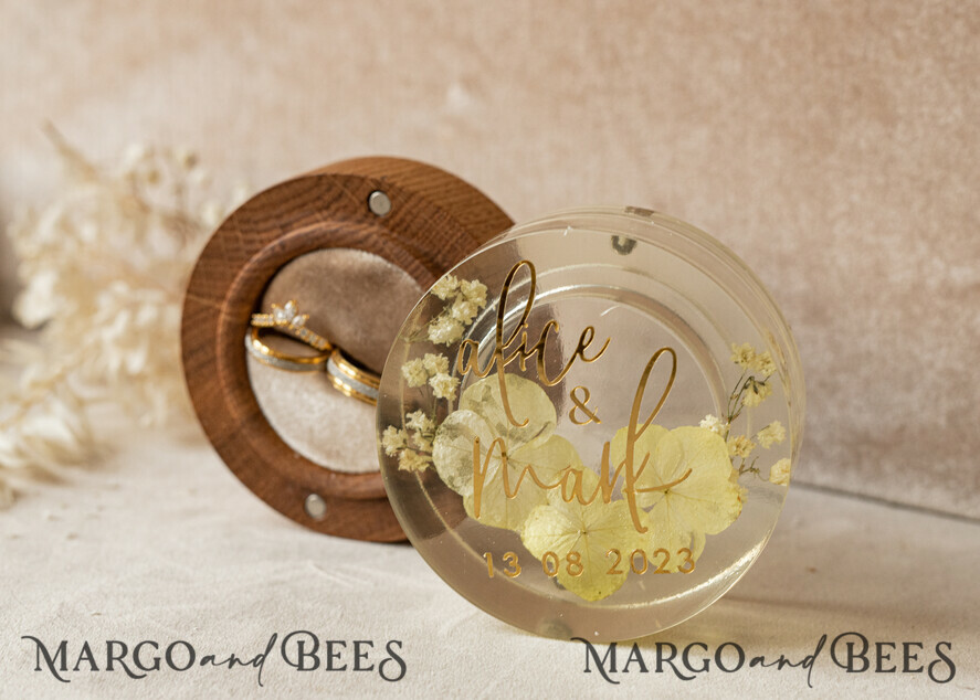 RINGTRÄGERBOXEN & KISSEN Epoxidharz Trauringe Box Epoxidharz- und Holzhochzeitsringbox für die Zeremonie, Boho Epoxid-Hochzeitsringboxen für ihn und sie, transparente Epoxid-Doppelringbox für die Hochzeit, Holzharzblumen Verlobungsringbox.