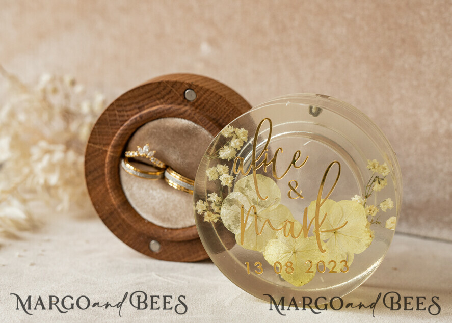 RINGTRÄGERBOXEN & KISSEN Epoxidharz Trauringe Box Epoxidharz- und Holzhochzeitsringbox für die Zeremonie, Boho Epoxid-Hochzeitsringboxen für ihn und sie, transparente Epoxid-Doppelringbox für die Hochzeit, Holzharzblumen Verlobungsringbox.