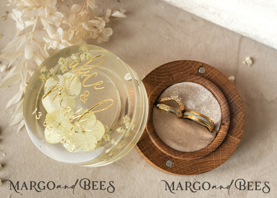 RINGTRÄGERBOXEN & KISSEN Epoxidharz Trauringe Box Epoxidharz- und Holzhochzeitsringbox für die Zeremonie, Boho Epoxid-Hochzeitsringboxen für ihn und sie, transparente Epoxid-Doppelringbox für die Hochzeit, Holzharzblumen Verlobungsringbox.