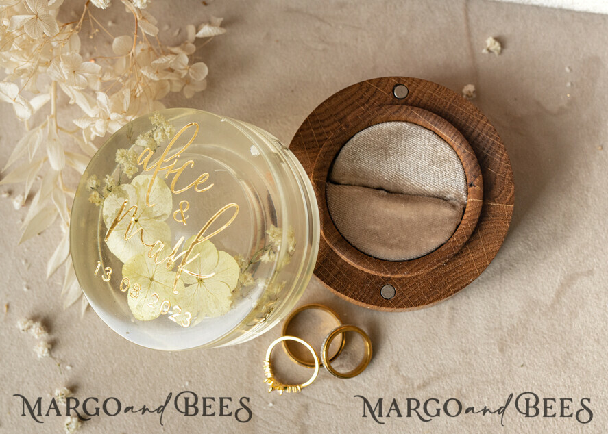 RINGTRÄGERBOXEN & KISSEN Epoxidharz Trauringe Box Epoxidharz- und Holzhochzeitsringbox für die Zeremonie, Boho Epoxid-Hochzeitsringboxen für ihn und sie, transparente Epoxid-Doppelringbox für die Hochzeit, Holzharzblumen Verlobungsringbox.