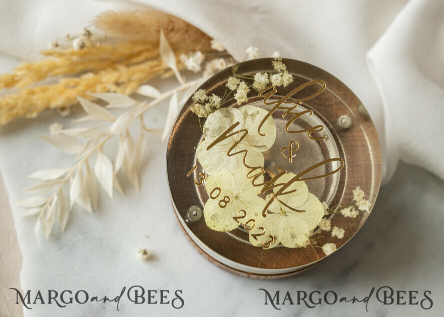 RINGTRÄGERBOXEN & KISSEN Epoxidharz Trauringe Box Epoxidharz- und Holzhochzeitsringbox für die Zeremonie, Boho Epoxid-Hochzeitsringboxen für ihn und sie, transparente Epoxid-Doppelringbox für die Hochzeit, Holzharzblumen Verlobungsringbox.