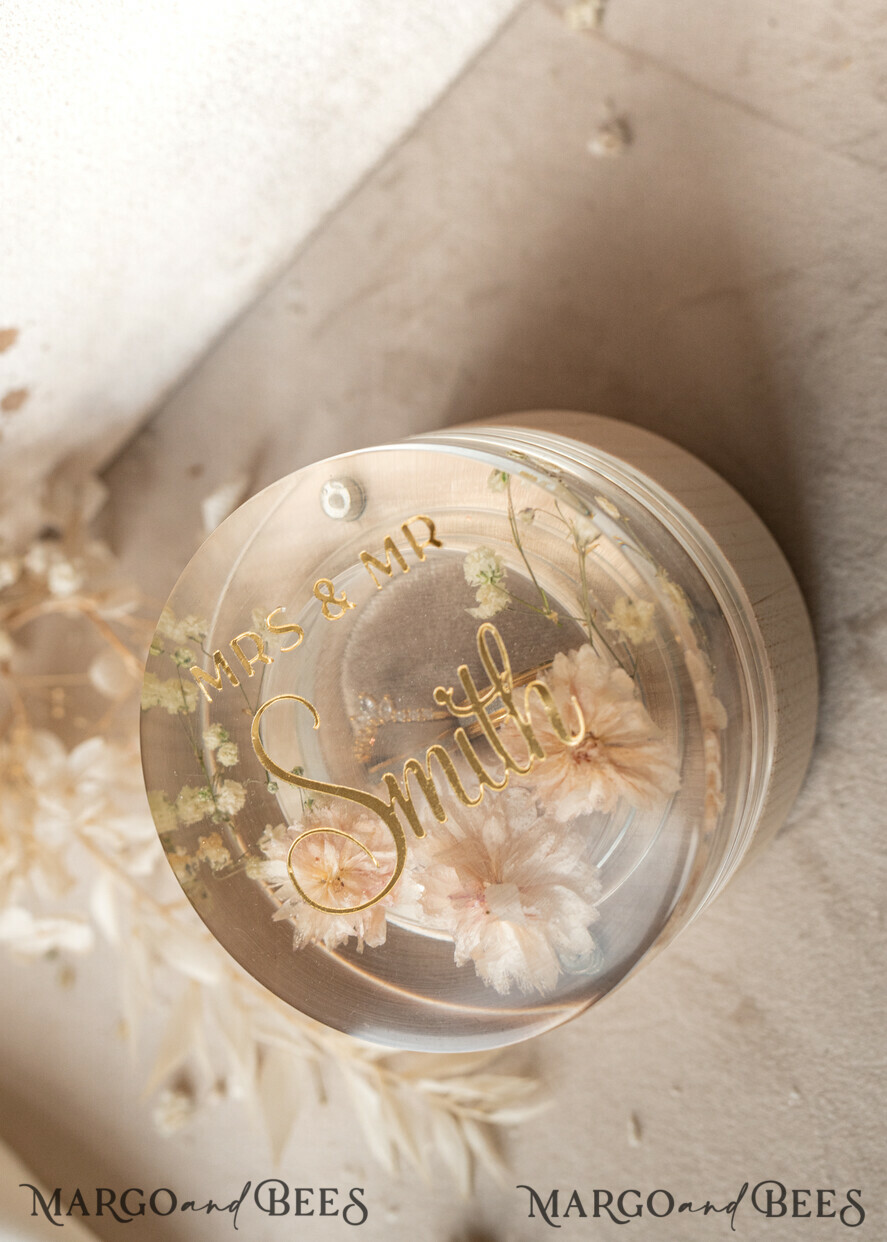 RINGTRÄGERBOXEN & KISSEN Epoxidharz Trauringe Box Epoxidharz- und Holzhochzeitsringbox für die Zeremonie, Boho Epoxidhochzeitsringboxen für ihn und sie, transparente Epoxid-Doppelringbox für die Hochzeit, Holzharzblumen Heiratsantragsringbox.
