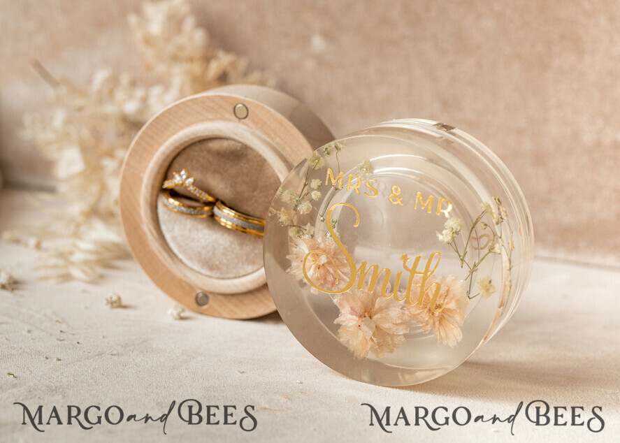 RINGTRÄGERBOXEN & KISSEN Epoxidharz Trauringe Box Epoxidharz- und Holzhochzeitsringbox für die Zeremonie, Boho Epoxidhochzeitsringboxen für ihn und sie, transparente Epoxid-Doppelringbox für die Hochzeit, Holzharzblumen Heiratsantragsringbox.