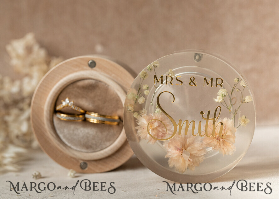 RINGTRÄGERBOXEN & KISSEN Epoxidharz Trauringe Box Epoxidharz- und Holzhochzeitsringbox für die Zeremonie, Boho Epoxidhochzeitsringboxen für ihn und sie, transparente Epoxid-Doppelringbox für die Hochzeit, Holzharzblumen Heiratsantragsringbox.