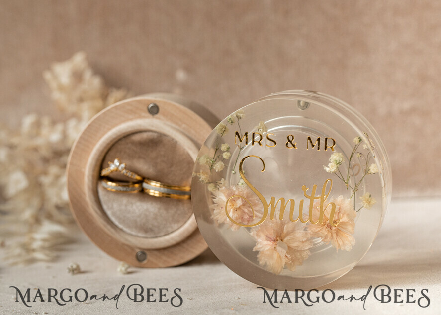 RINGTRÄGERBOXEN & KISSEN Epoxidharz Trauringe Box Epoxidharz- und Holzhochzeitsringbox für die Zeremonie, Boho Epoxidhochzeitsringboxen für ihn und sie, transparente Epoxid-Doppelringbox für die Hochzeit, Holzharzblumen Heiratsantragsringbox.