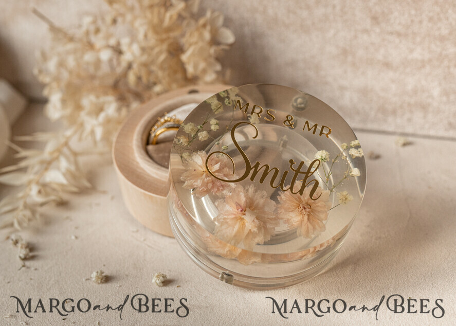 RINGTRÄGERBOXEN & KISSEN Epoxidharz Trauringe Box Epoxidharz- und Holzhochzeitsringbox für die Zeremonie, Boho Epoxidhochzeitsringboxen für ihn und sie, transparente Epoxid-Doppelringbox für die Hochzeit, Holzharzblumen Heiratsantragsringbox.