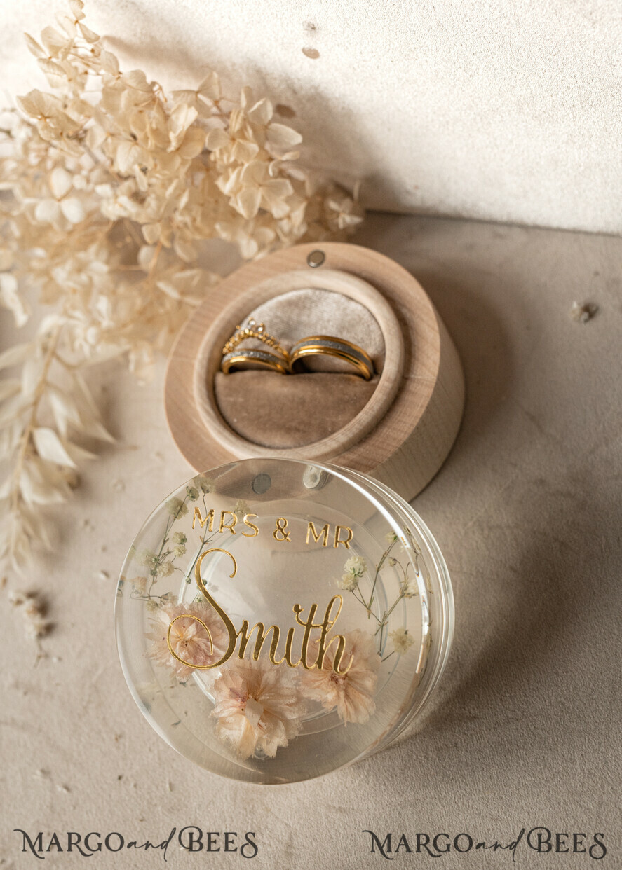 RINGTRÄGERBOXEN & KISSEN Epoxidharz Trauringe Box Epoxidharz- und Holzhochzeitsringbox für die Zeremonie, Boho Epoxidhochzeitsringboxen für ihn und sie, transparente Epoxid-Doppelringbox für die Hochzeit, Holzharzblumen Heiratsantragsringbox.