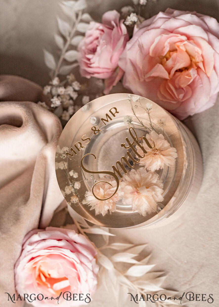 RINGTRÄGERBOXEN & KISSEN Epoxidharz Trauringe Box Epoxidharz- und Holz-Eheringbox für die Zeremonie, Boho Epoxid-Eheringboxen für ihn und sie, transparente Epoxid-Doppelringbox für die Hochzeit, Holzharzblumen-Heiratsantrag-Ringbox.
