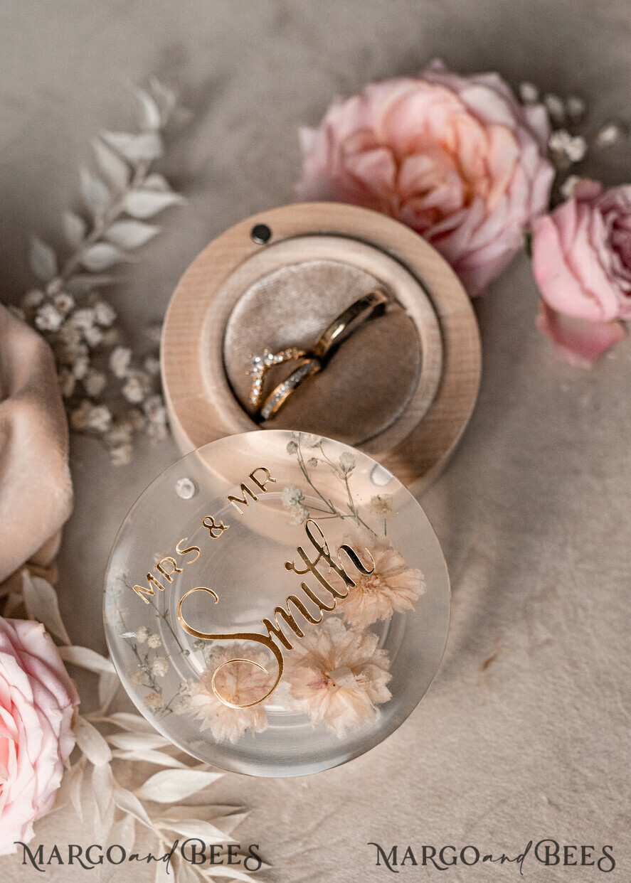 RINGTRÄGERBOXEN & KISSEN Epoxidharz Trauringe Box Epoxidharz- und Holz-Eheringbox für die Zeremonie, Boho Epoxid-Eheringboxen für ihn und sie, transparente Epoxid-Doppelringbox für die Hochzeit, Holzharzblumen-Heiratsantrag-Ringbox.