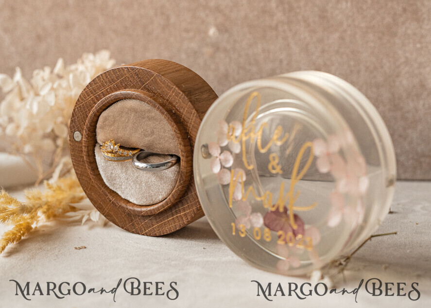 RINGTRÄGERBOXEN & KISSEN Epoxidharz Trauringe Box Epoxidharz- und Holz-Eheringbox für die Zeremonie, Boho Epoxid-Eheringboxen für ihn und sie, transparente Epoxid-Doppelringbox für die Hochzeit, Holzharzblumen-Verlobungsringbox.