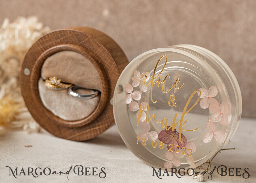 RINGTRÄGERBOXEN & KISSEN Epoxidharz Trauringe Box Epoxidharz- und Holz-Eheringbox für die Zeremonie, Boho Epoxid-Eheringboxen für ihn und sie, transparente Epoxid-Doppelringbox für die Hochzeit, Holzharzblumen-Verlobungsringbox.
