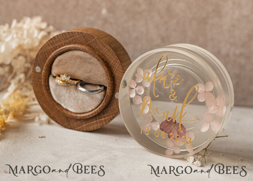 RINGTRÄGERBOXEN & KISSEN Epoxidharz Trauringe Box Epoxidharz- und Holz-Eheringbox für die Zeremonie, Boho Epoxid-Eheringboxen für ihn und sie, transparente Epoxid-Doppelringbox für die Hochzeit, Holzharzblumen-Verlobungsringbox.
