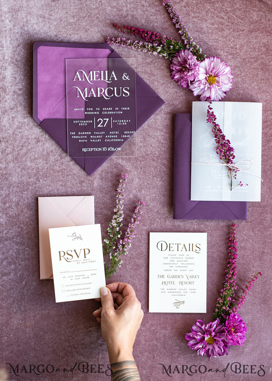 HOCHZEITS EINLADUNGEN blumig / Boho / Aquarell Heather Acryl Hochzeitskarten Set, Boho Pflaume Herbst Hochzeits Einladung Suite, Plexi Elegante Bohemian Hochzeitsstationery Minimalistische Hochzeitskarten
