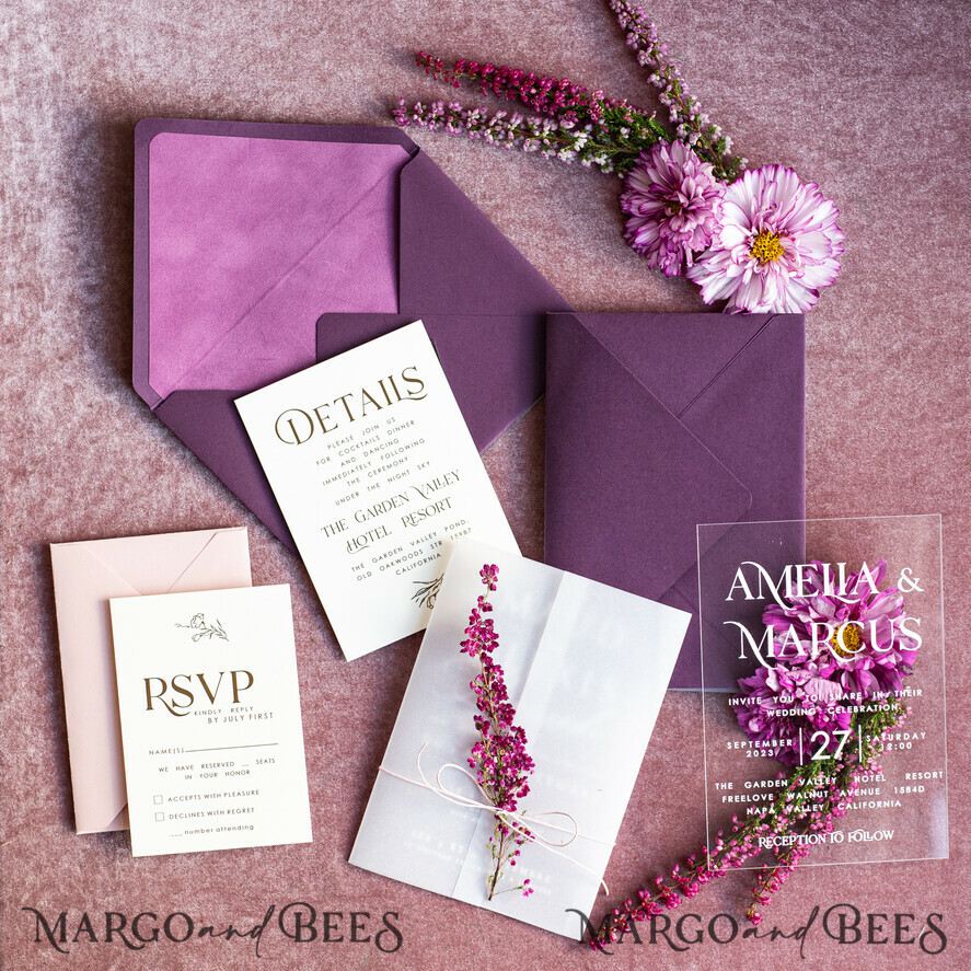HOCHZEITS EINLADUNGEN blumig / Boho / Aquarell Heather Acryl Hochzeitskarten Set, Boho Pflaume Herbst Hochzeits Einladung Suite, Plexi Elegante Bohemian Hochzeitsstationery Minimalistische Hochzeitskarten