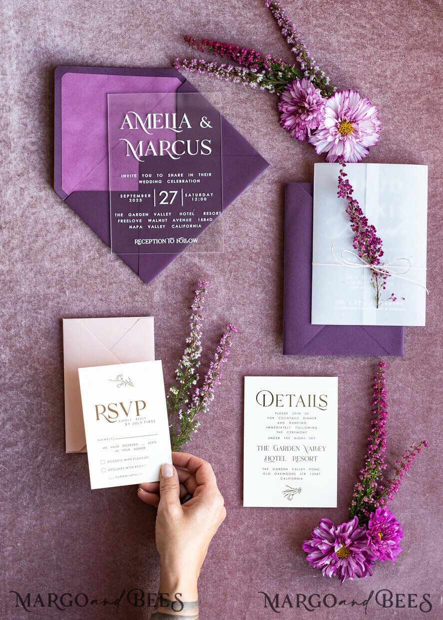HOCHZEITS EINLADUNGEN blumig / Boho / Aquarell Heather Acryl Hochzeitskarten Set, Boho Pflaume Herbst Hochzeits Einladung Suite, Plexi Elegante Bohemian Hochzeitsstationery Minimalistische Hochzeitskarten