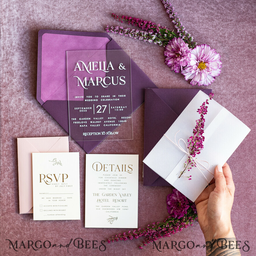 HOCHZEITS EINLADUNGEN blumig / Boho / Aquarell Heather Acryl Hochzeitskarten Set, Boho Pflaume Herbst Hochzeits Einladung Suite, Plexi Elegante Bohemian Hochzeitsstationery Minimalistische Hochzeitskarten