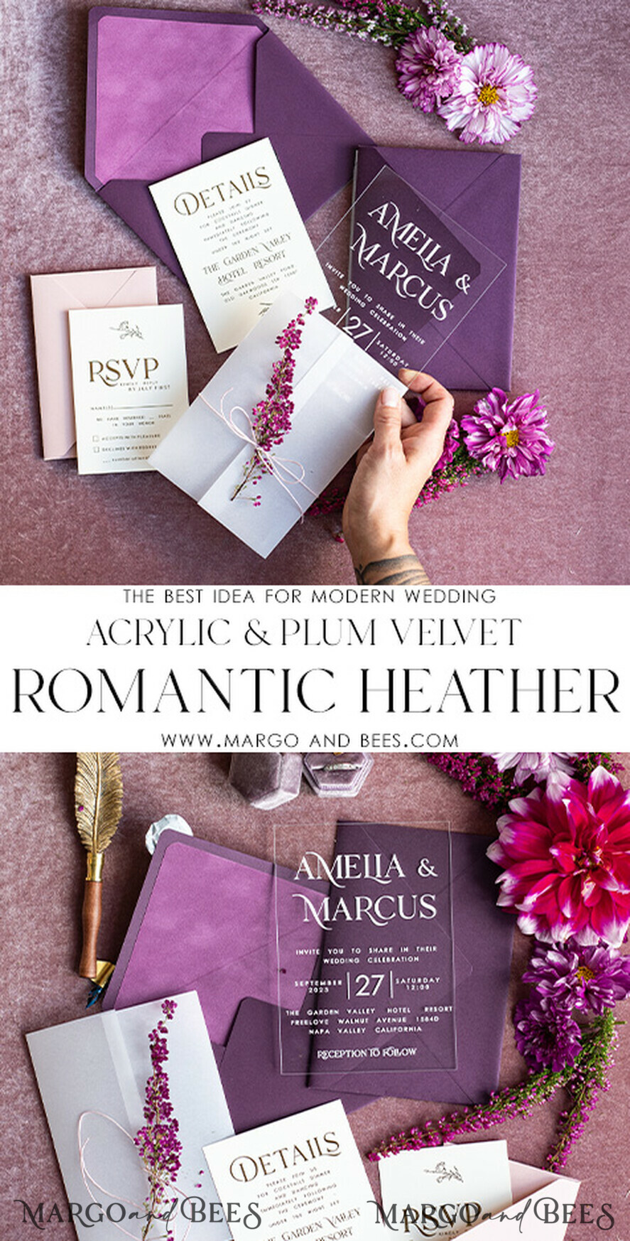HOCHZEITS EINLADUNGEN blumig / Boho / Aquarell Heather Acryl Hochzeitskarten Set, Boho Pflaume Herbst Hochzeits Einladung Suite, Plexi Elegante Bohemian Hochzeitsstationery Minimalistische Hochzeitskarten