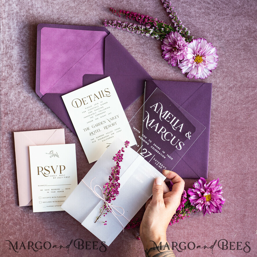 HOCHZEITS EINLADUNGEN blumig / Boho / Aquarell Heather Acryl Hochzeitskarten Set, Boho Pflaume Herbst Hochzeits Einladung Suite, Plexi Elegante Bohemian Hochzeitsstationery Minimalistische Hochzeitskarten