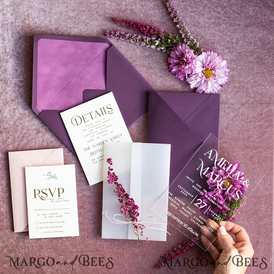 HOCHZEITS EINLADUNGEN blumig / Boho / Aquarell Heather Acryl Hochzeitskarten Set, Boho Pflaume Herbst Hochzeits Einladung Suite, Plexi Elegante Bohemian Hochzeitsstationery Minimalistische Hochzeitskarten