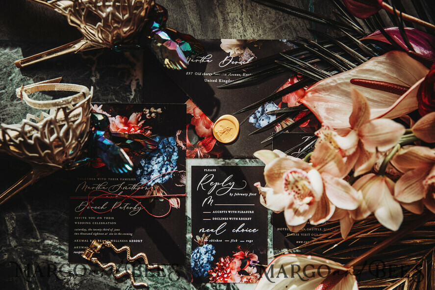 HOCHZEITS EINLADUNGEN blumig / Boho / Aquarell Beste Hochzeitskarten, bohemian Papeterie, schwarze Boho-Hochzeit.