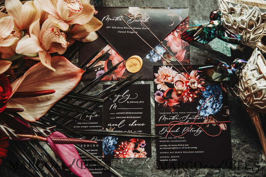 HOCHZEITS EINLADUNGEN blumig / Boho / Aquarell Beste Hochzeitskarten, bohemian Papeterie, schwarze Boho-Hochzeit.