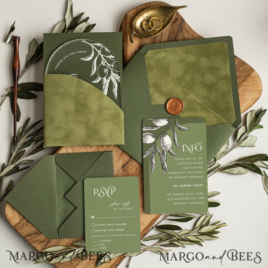 HOCHZEITS EINLADUNGEN blumig / Boho / Aquarell Italienisches Hochzeitsset, Olive Arch Hochzeitskarten, Hochzeitskarten für Hochzeiten im Ausland in Griechenland, Samt olivgrüne Hochzeitsstationery.