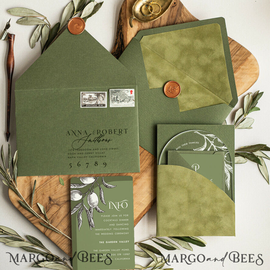 HOCHZEITS EINLADUNGEN blumig / Boho / Aquarell Italienisches Hochzeitsset, Olive Arch Hochzeitskarten, Hochzeitskarten für Hochzeiten im Ausland in Griechenland, Samt olivgrüne Hochzeitsstationery.