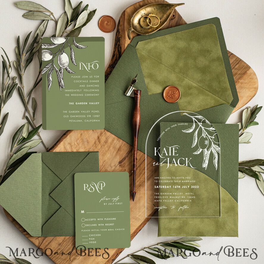 HOCHZEITS EINLADUNGEN blumig / Boho / Aquarell Italienisches Hochzeitsset, Olive Arch Hochzeitskarten, Hochzeitskarten für Hochzeiten im Ausland in Griechenland, Samt olivgrüne Hochzeitsstationery.