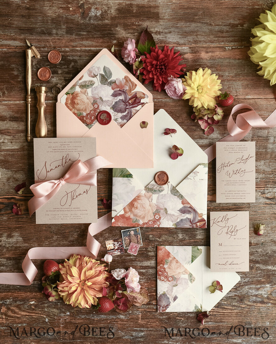 HOCHZEITS EINLADUNGEN blumig / Boho / Aquarell Hochzeitseinladungset elegant mit kalligraphischem Druck floralen pastellpfirsich