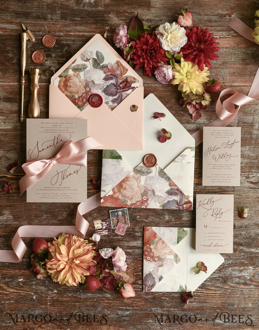 HOCHZEITS EINLADUNGEN blumig / Boho / Aquarell Hochzeitseinladungset elegant mit kalligraphischem Druck floralen pastellpfirsich