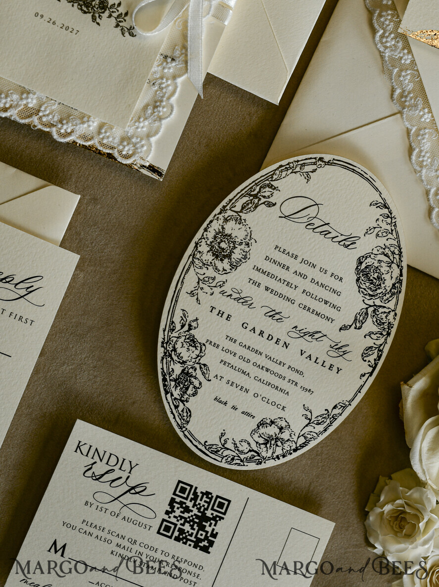 HOCHZEITS EINLADUNGEN vintage Spitze / rustikale Spitze Personalisierte Goldene Hochzeits-Einladungen Vintage Spitze Einladungen Elfenbein