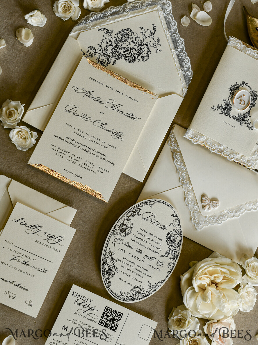 HOCHZEITS EINLADUNGEN vintage Spitze / rustikale Spitze Personalisierte Goldene Hochzeits-Einladungen Vintage Spitze Einladungen Elfenbein