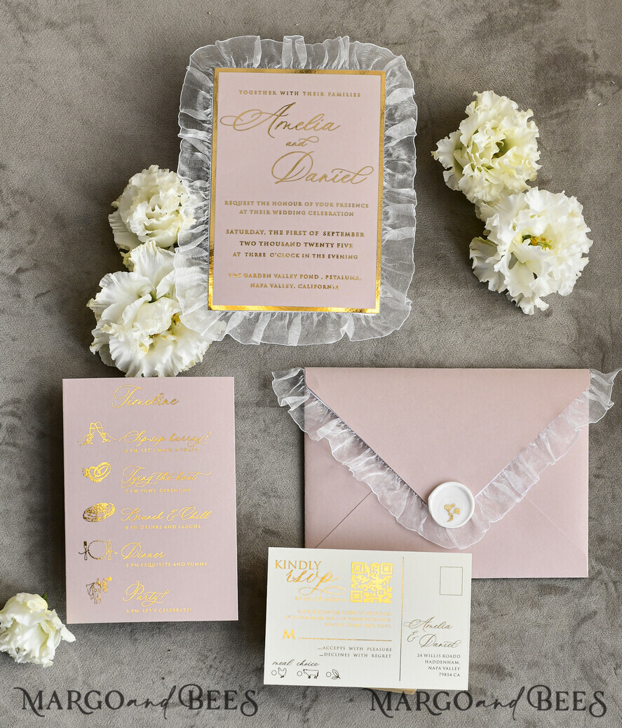 HOCHZEITS EINLADUNGEN vintage Spitze / rustikale Spitze Personalisierte Goldene Hochzeitseinladungen Vintage Spitzeneinladungen Elfenbein