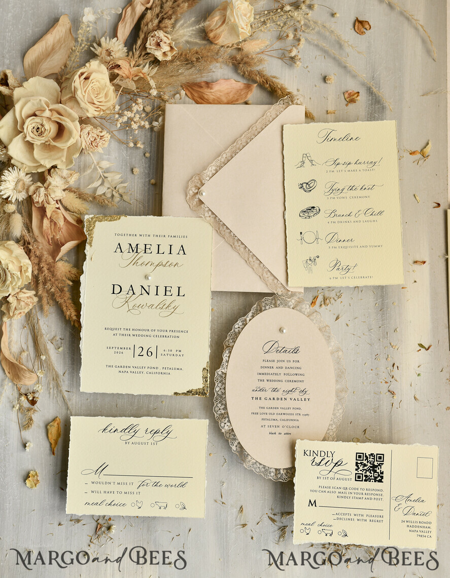 HOCHZEITS EINLADUNGEN vintage Spitze / rustikale Spitze Luxus-Hochzeitseinladungen in einer warmen Beige- und Nude-Farbpalette.